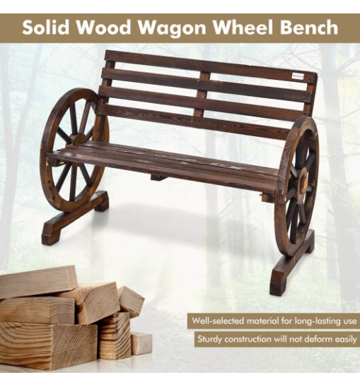 2-Person Outdoor Wooden Wagon Wheel Garden Bench-Brown