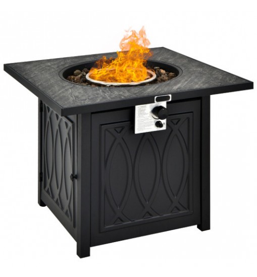 32 Inch Propane Fire Pit Table Square Tabletop with Lava Rocks Cover 50000 BTU-Black