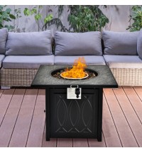 32 Inch Propane Fire Pit Table Square Tabletop with Lava Rocks Cover 50000 BTU-Black