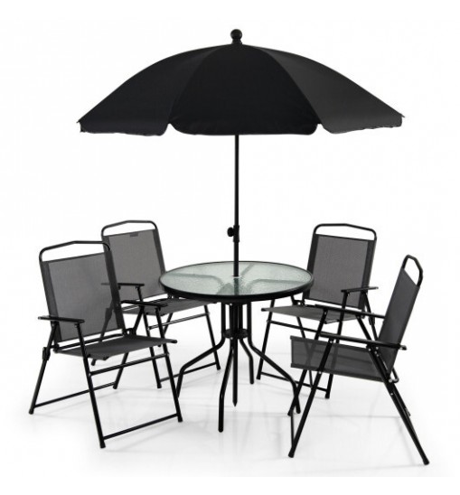 6 Pieces Patio Dining Set Folding Chairs Glass Table Tilt Umbrella for Garden-Gray