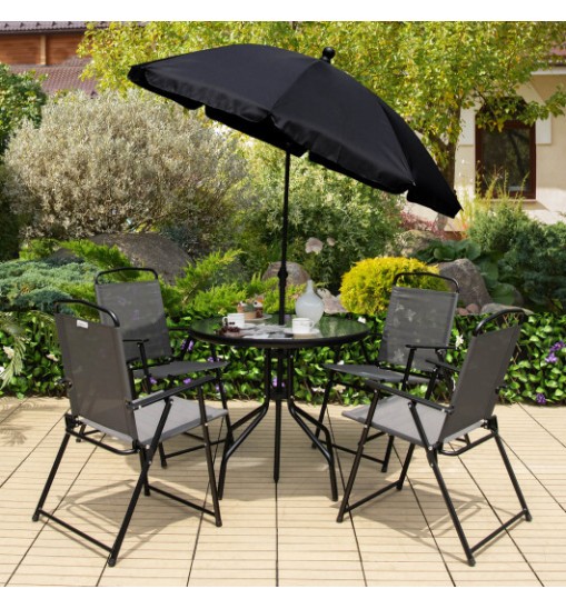 6 Pieces Patio Dining Set Folding Chairs Glass Table Tilt Umbrella for Garden-Gray