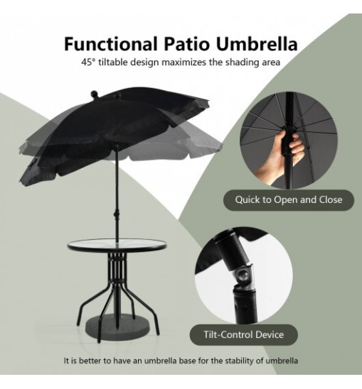 6 Pieces Patio Dining Set Folding Chairs Glass Table Tilt Umbrella for Garden-Gray