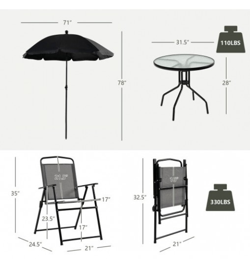 6 Pieces Patio Dining Set Folding Chairs Glass Table Tilt Umbrella for Garden-Gray