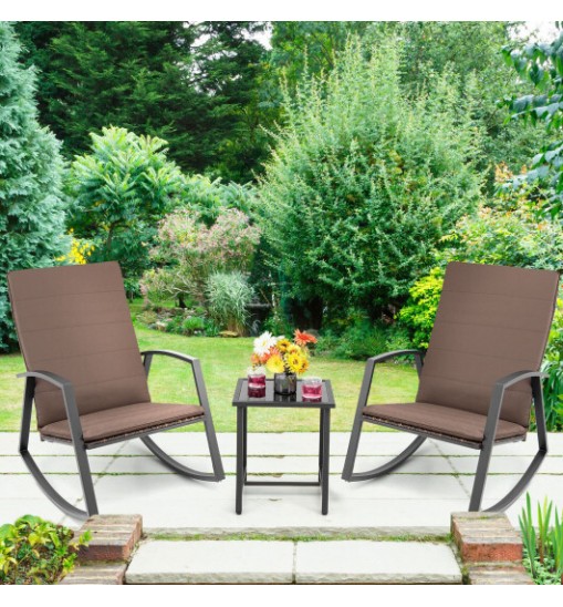 3 Pieces Patio Rattan Rocking Furniture Set-Brown