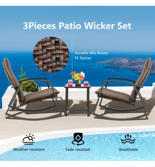 3 Pieces Patio Rattan Rocking Furniture Set-Brown