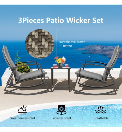 3 Pieces Patio Rattan Rocking Furniture Set-Brown