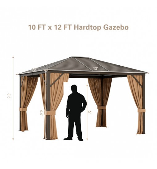 12 x10 Feet Outdoor Hardtop Gazebo with Galvanized Steel Top and Netting-Brown