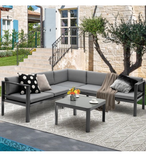 3 Pieces Aluminum Patio Furniture Set with 6-Level Adjustable Backrest-Gray