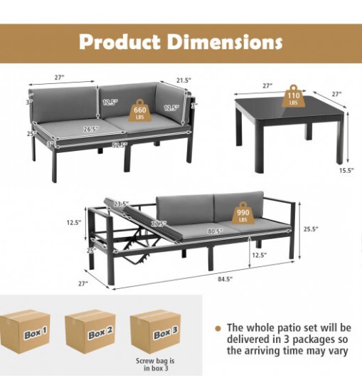 3 Pieces Aluminum Patio Furniture Set with 6-Level Adjustable Backrest-Gray