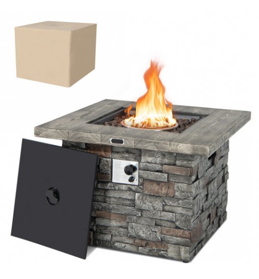 34.5 Inch Square Propane Gas Fire Pit Table with Lava Rock and PVC Cover-Gray