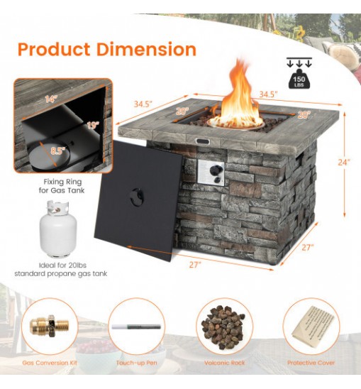 34.5 Inch Square Propane Gas Fire Pit Table with Lava Rock and PVC Cover-Gray