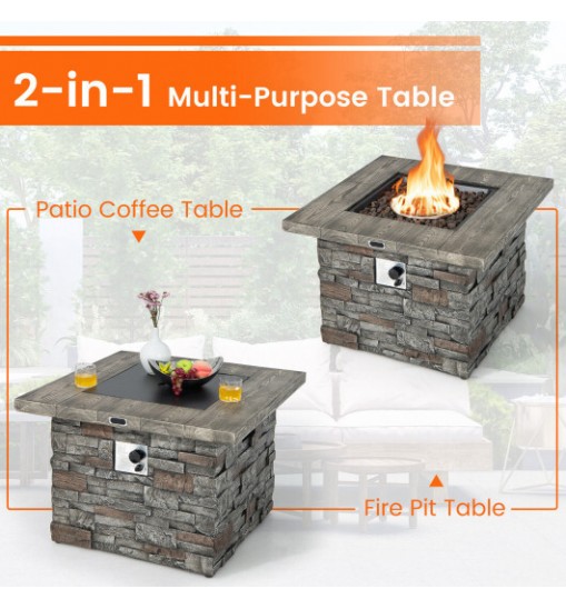 34.5 Inch Square Propane Gas Fire Pit Table with Lava Rock and PVC Cover-Gray