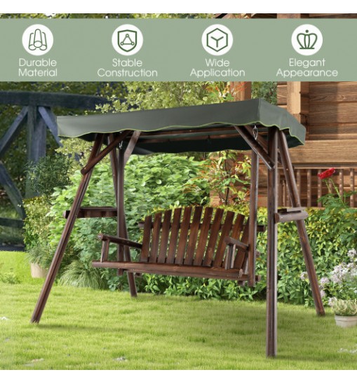 2-Person Outdoor Wooden Porch Swing with an Adjustable Canopy