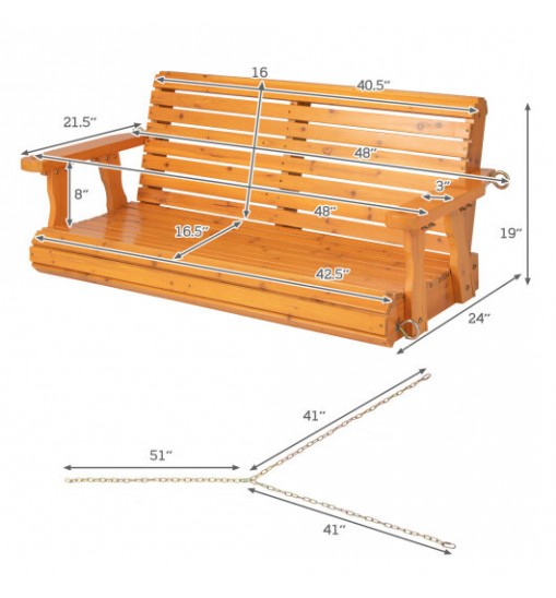 2-Person Wooden Porch Swing with Hanging Chains for Garden Yard-White