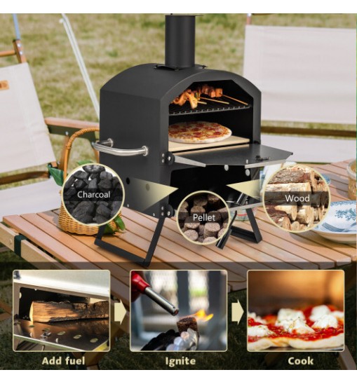 Outdoor Pizza Oven with Anti-scalding Handles and Foldable Legs-Black