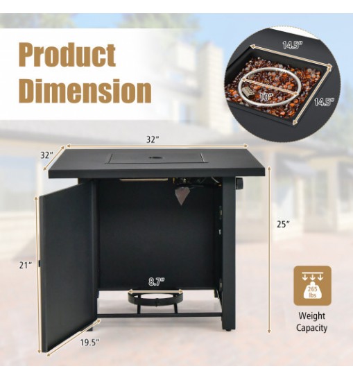 50 000 BTU 32 Inch Square Propane Gas Fire Pit Table