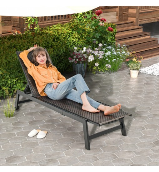 Patio PE Rattan Chaise Lounge with 5-Level Backrest and Wheels-Brown