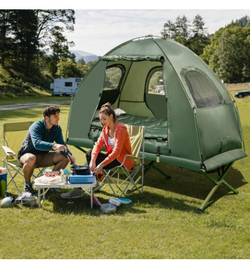 1-Person Folding Camping Tent with Sunshade and Air Mattress