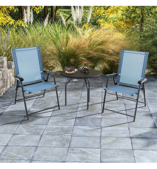 2 Set of Patio Dining Chair with Armrests and Metal Frame-Blue