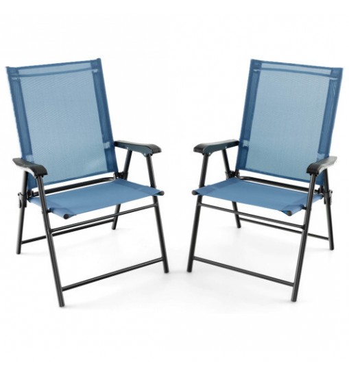 2 Set of Patio Dining Chair with Armrests and Metal Frame-Blue