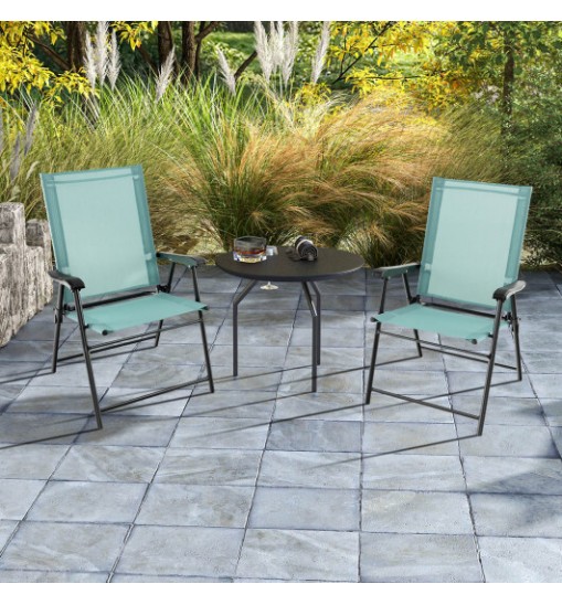 2 Set of Patio Dining Chair with Armrests and Metal Frame-Blue