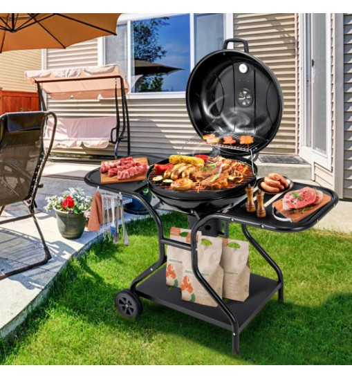 22 Inches 2 Layer Racks Barbecue Grill with Wheels for Outdoor Camping-Black