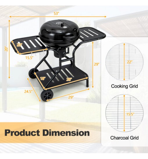 22 Inches 2 Layer Racks Barbecue Grill with Wheels for Outdoor Camping-Black