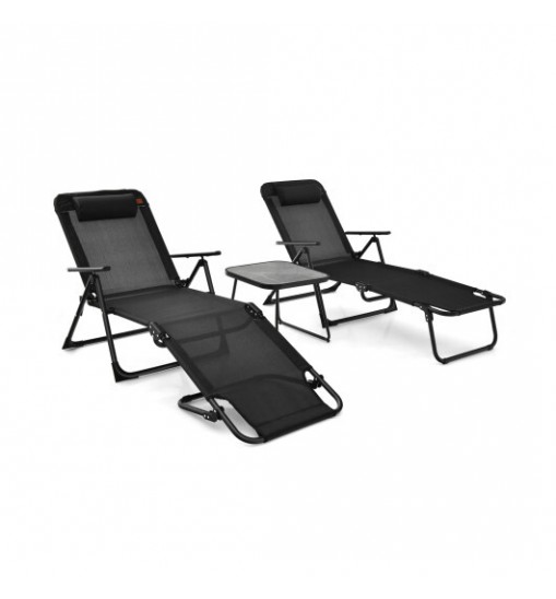 3 Pieces Patio Folding Chaise Lounge Set with PVC Tabletop-Black