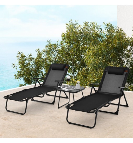 3 Pieces Patio Folding Chaise Lounge Set with PVC Tabletop-Black