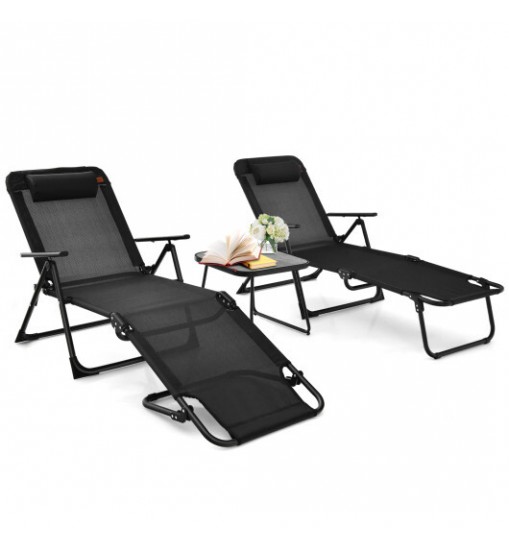 3 Pieces Patio Folding Chaise Lounge Set with PVC Tabletop-Black