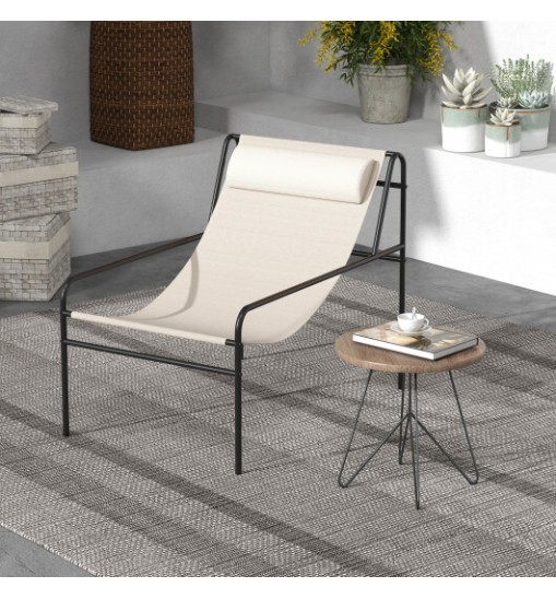 Patio Sling Lounge Chair with Removable Headrest Pillow and Metal Frame-Beige