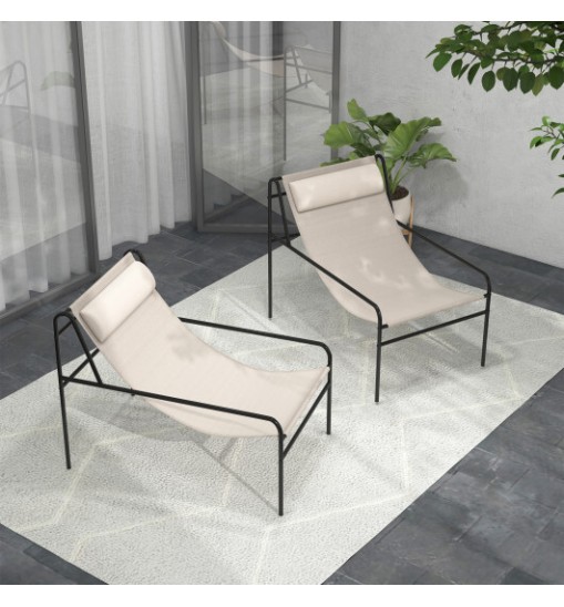 Patio Sling Lounge Chair with Removable Headrest Pillow and Metal Frame-Beige