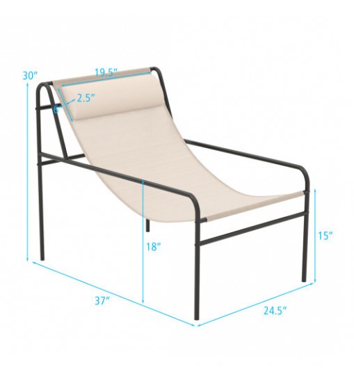 Patio Sling Lounge Chair with Removable Headrest Pillow and Metal Frame-Beige