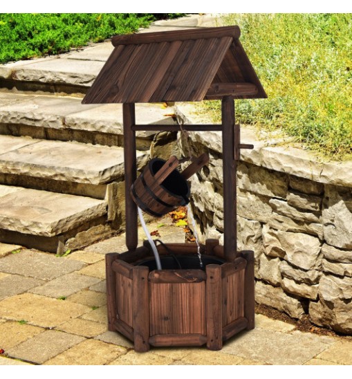 Garden Rustic Wishing Well Wooden Water Fountain with Pump