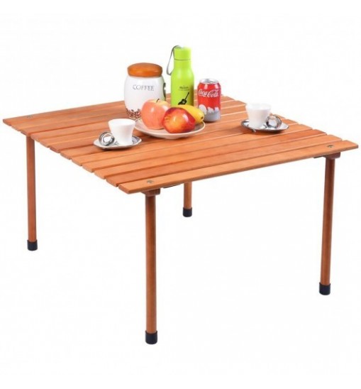 Folding Wooden Camping Roll Up Table with Carrying Bag for Picnics and Beach