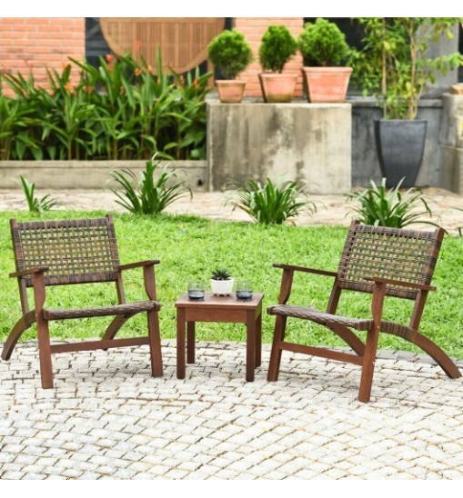 3 Pieces Outdoor Wooden Patio Rattan Furniture Set