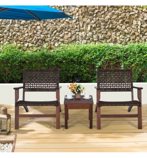 3 Pieces Outdoor Wooden Patio Rattan Furniture Set