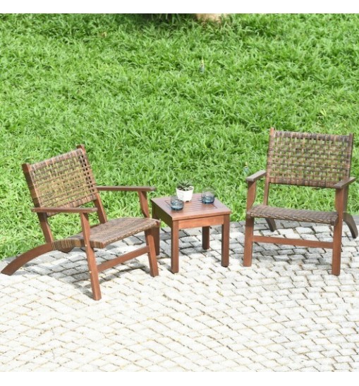 3 Pieces Outdoor Wooden Patio Rattan Furniture Set