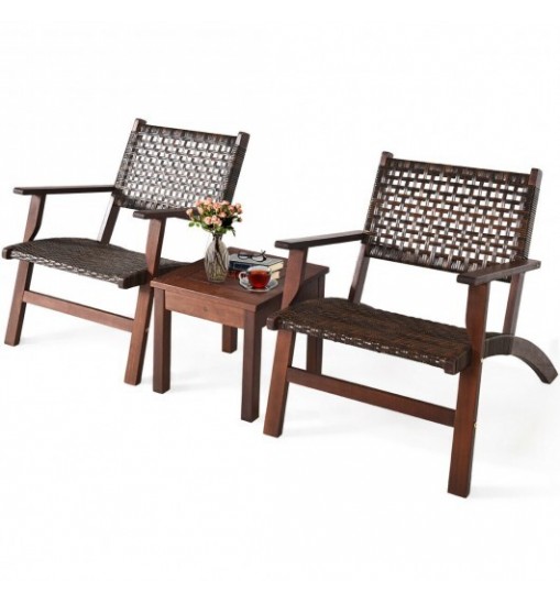 3 Pieces Outdoor Wooden Patio Rattan Furniture Set