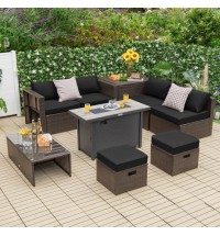 9 Pieces Outdoor Patio Furniture Set with 42 Inch Propane Fire Pit Table-Black