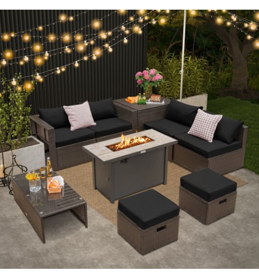 9 Pieces Outdoor Patio Furniture Set with 42 Inch Propane Fire Pit Table-Black