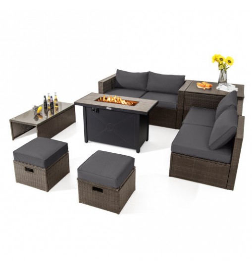 9 Pieces Outdoor Patio Furniture Set with 42 Inch Propane Fire Pit Table-Black