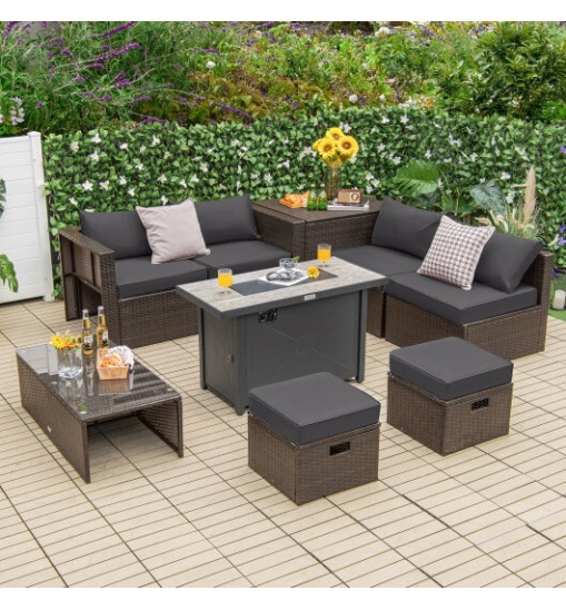 9 Pieces Outdoor Patio Furniture Set with 42 Inch Propane Fire Pit Table-Black