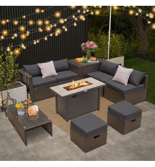 9 Pieces Outdoor Patio Furniture Set with 42 Inch Propane Fire Pit Table-Black