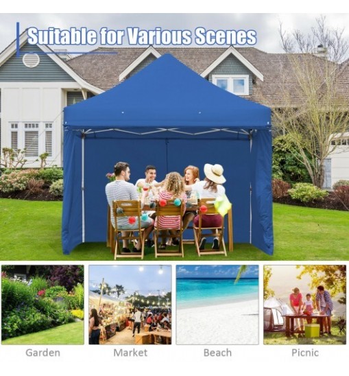 10 x 10 Feet Pop-up Gazebo with 5 Removable Zippered Sidewalls and Extended Awning-Blue