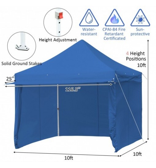 10 x 10 Feet Pop-up Gazebo with 5 Removable Zippered Sidewalls and Extended Awning-Blue