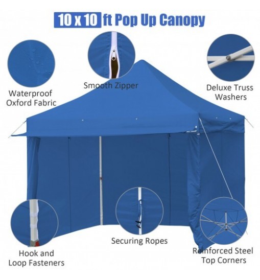 10 x 10 Feet Pop-up Gazebo with 5 Removable Zippered Sidewalls and Extended Awning-Blue