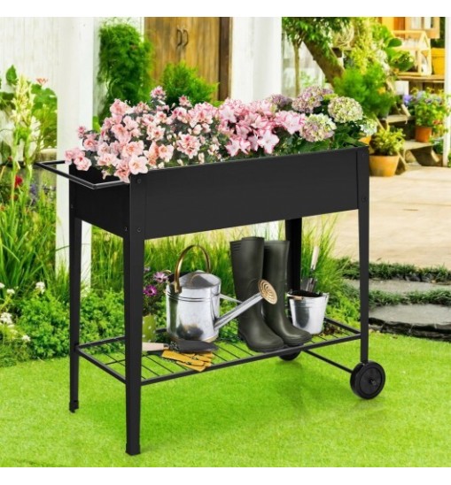 Raised Garden Bed Elevated Planter Box on Wheels Steel Planter with Shelf-Black