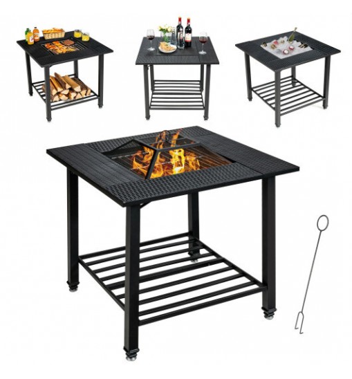 31 Inch Outdoor Fire Pit Dining Table with Cooking BBQ Grate