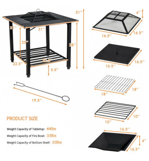 31 Inch Outdoor Fire Pit Dining Table with Cooking BBQ Grate